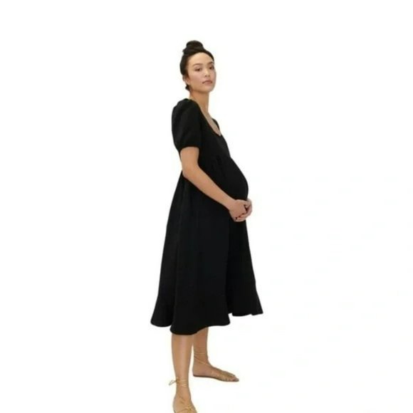 Hatch Maternity Black Tisha Tencel Linen Short Sleeve Pockets Midi Dress M 2 NEW - Picture 1 of 9